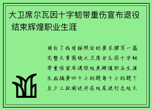 大卫席尔瓦因十字韧带重伤宣布退役 结束辉煌职业生涯