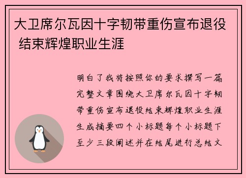 大卫席尔瓦因十字韧带重伤宣布退役 结束辉煌职业生涯